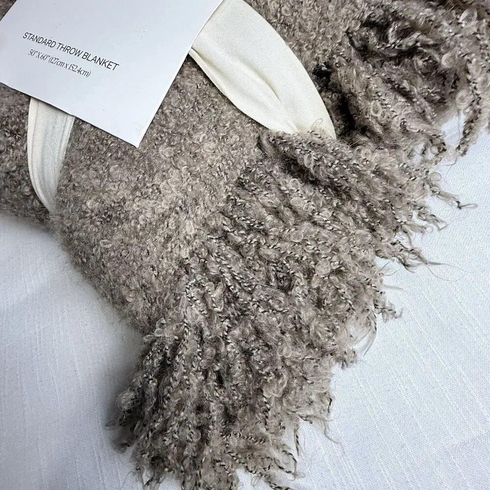 Luxe Home By Honeydew Boucle Knit Standard Throw Fringe Blanket Taupe 50”x60 New